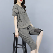 Load image into Gallery viewer, 2021 summer Women&#39;s 2 Piece Outfit Casual letter printing patch crop tops and Mesh stitching harlan Pant Suits Retro sets