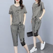 Load image into Gallery viewer, 2021 summer Women&#39;s 2 Piece Outfit Casual letter printing patch crop tops and Mesh stitching harlan Pant Suits Retro sets