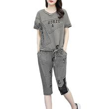 Load image into Gallery viewer, 2021 summer Women&#39;s 2 Piece Outfit Casual letter printing patch crop tops and Mesh stitching harlan Pant Suits Retro sets