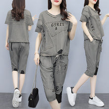 Load image into Gallery viewer, 2021 summer Women&#39;s 2 Piece Outfit Casual letter printing patch crop tops and Mesh stitching harlan Pant Suits Retro sets