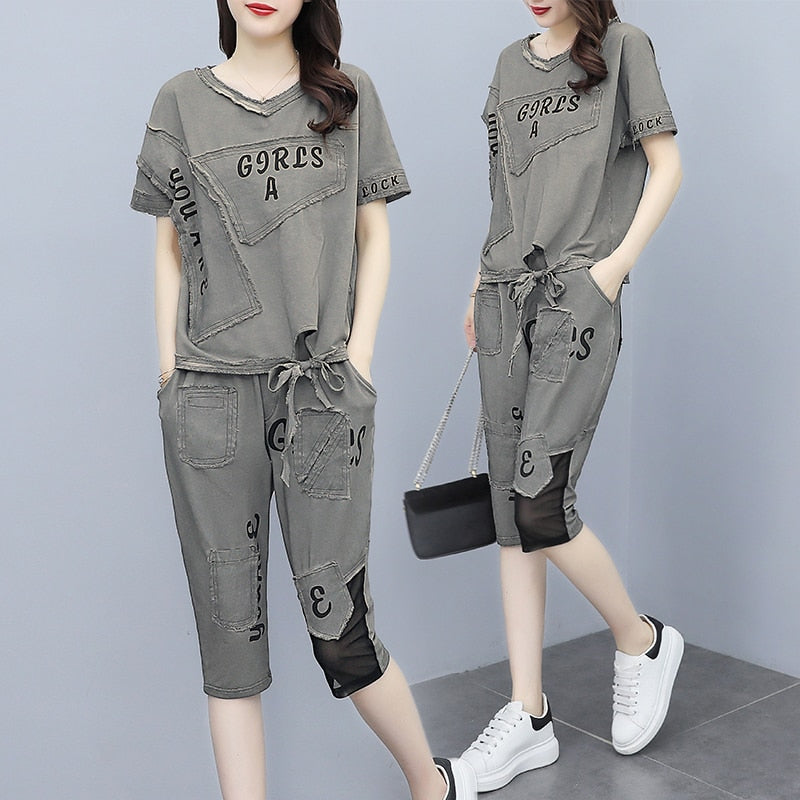 2021 summer Women's 2 Piece Outfit Casual letter printing patch crop tops and Mesh stitching harlan Pant Suits Retro sets