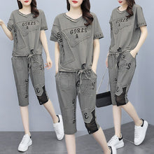 Load image into Gallery viewer, 2021 summer Women&#39;s 2 Piece Outfit Casual letter printing patch crop tops and Mesh stitching harlan Pant Suits Retro sets