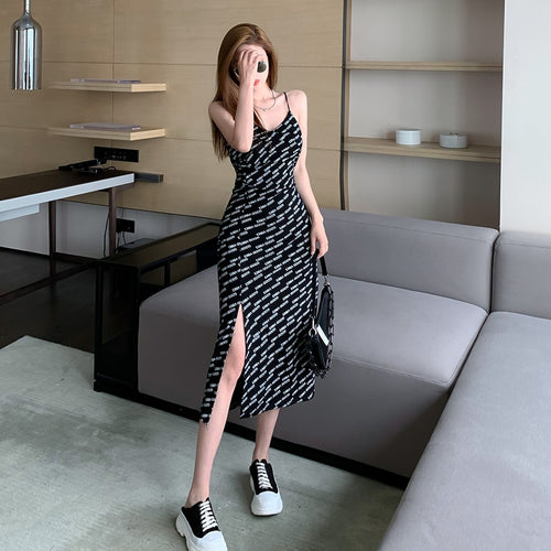 2021 summer girls' new formal dress medium length French floral sexy suspender skirt with split ends elegant beach slim long ski