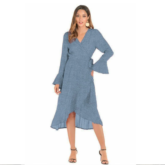 2021 summer new casual women's wear European and American style V-neck trumpet Long Sleeve Dress Lace Chiffon Long sexy beach