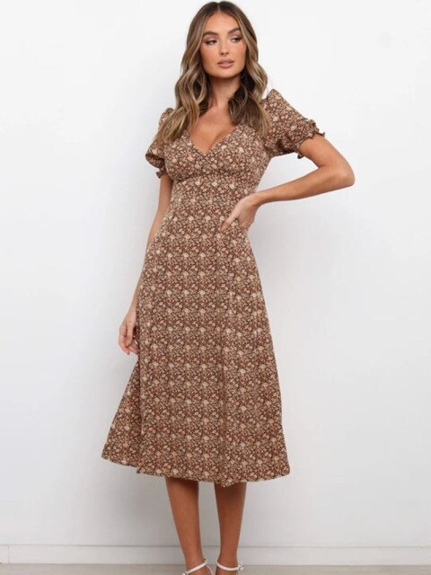 2021 summer new deep V women's classic casual short sleeve waist up holiday beach show thin temperament sexy Print Chiffon Dress