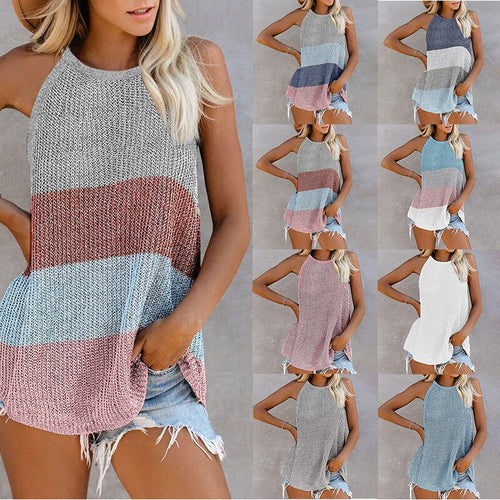 2021 summer new hit color casual round neck thin shoulder strap knitted vest beach blouse top women
