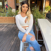 Load image into Gallery viewer, 2021 summer new top women short slimming bottoming shirt solid color hollow bandage slim blouse ladies top