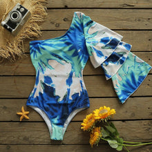 Load image into Gallery viewer, 2021One Shoulder Swimwear Long Sleeve One Piece Swimsuit Tie dye Blue Print Women Beachwear  Multi-layer Flared Sleeves Monokini