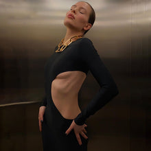 Load image into Gallery viewer, 2022 Autumn Designer Clothes Black Long Sleeves Hollow Out Casual Evening Party Sexy Women&#39;S Prom One Piece Basic Maxi Dresses