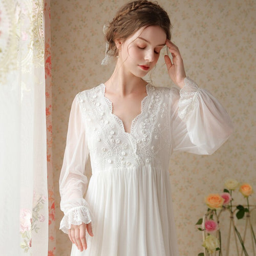 2022 Autumn New Night Dress Women Palace Style Mesh Lace Sleepwear Sexy V-neck Nightgown French Long Sleeve Female Home Dresses