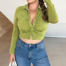 Load image into Gallery viewer, 2022 Blue Sexy Women Crop Top Y2k V Neck Casual Ruched Long Sleeve Summer Green T Shirt Fashion Female Tee Vintage