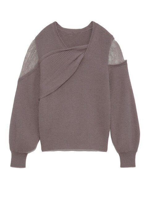 2022 Chic Criss-cross Collar Designed Sweater Women Fashion Off-the Shoulder Pullover Spring Patchwork Lace Jumper Elegant