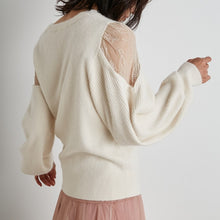 Load image into Gallery viewer, 2022 Chic Criss-cross Collar Designed Sweater Women Fashion Off-the Shoulder Pullover Spring Patchwork Lace Jumper Elegant