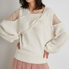 Load image into Gallery viewer, 2022 Chic Criss-cross Collar Designed Sweater Women Fashion Off-the Shoulder Pullover Spring Patchwork Lace Jumper Elegant