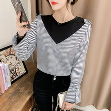 Load image into Gallery viewer, 2022 Designed Chic Tops Long Sleeve Vintage Striped Shirts Fall Femme O-neck Fashion Fake Two Piece Spring Blouses Women