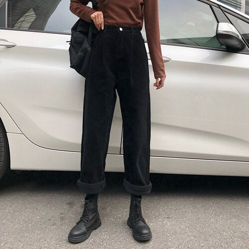 2022 Elastic Waist Casual Straight Trousers Femme Solid Office Lady Simple Corduroy Pants Women All Match Spring Pantalones