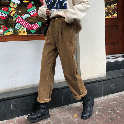 2022 Elastic Waist Casual Straight Trousers Femme Solid Office Lady Simple Corduroy Pants Women All Match Spring Pantalones