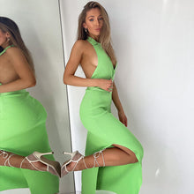 Load image into Gallery viewer, 2022 Elegant Fashion Halter Sexy Backless Split Maxi Dress for Women Summer Button Up Green Knit Shift Dresses Clothes Vacation