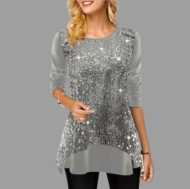 2022 Fashion Sequin Patchwork Print Crew Neck Long Sleeve Irregular Hem Women Shirt Long Sleeve Blusas Para Mujer