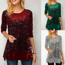 Load image into Gallery viewer, 2022 Fashion Sequin Patchwork Print Crew Neck Long Sleeve Irregular Hem Women Shirt Long Sleeve Blusas Para Mujer