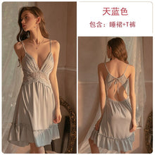 Load image into Gallery viewer, 2022 Female Satin Nightgown Deep-V Sexy Sleepwear Satin Lace Nightdress Backless Hollow Out Dress Lace-up Thong Set Home Clothes