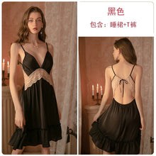 Load image into Gallery viewer, 2022 Female Satin Nightgown Deep-V Sexy Sleepwear Satin Lace Nightdress Backless Hollow Out Dress Lace-up Thong Set Home Clothes
