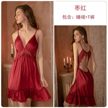 Load image into Gallery viewer, 2022 Female Satin Nightgown Deep-V Sexy Sleepwear Satin Lace Nightdress Backless Hollow Out Dress Lace-up Thong Set Home Clothes