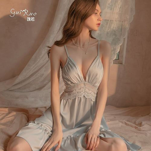 2022 Female Satin Nightgown Deep-V Sexy Sleepwear Satin Lace Nightdress Backless Hollow Out Dress Lace-up Thong Set Home Clothes