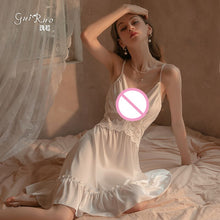 Load image into Gallery viewer, 2022 Female Satin Nightgown Deep-V Sexy Sleepwear Satin Lace Nightdress Backless Hollow Out Dress Lace-up Thong Set Home Clothes