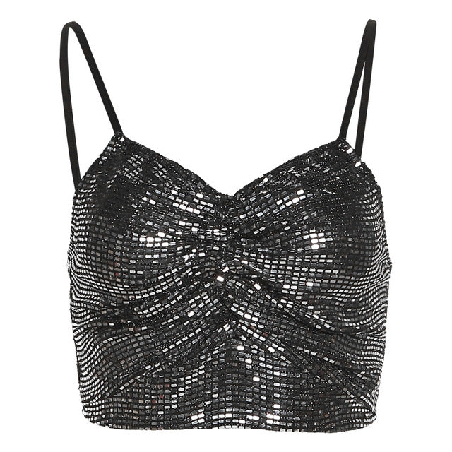 2022 For Summer Chic Fashion Black Sequins Women's Clothing Halter Wrap Crop Top Rave Festival Sexy Backless Tops Club Beach