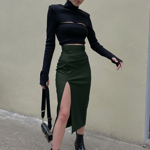 2022 French Fashion Sexy High Waist Green PU Slit Midi Skirt for Women Streetwear Summer Short Skirts Slim Casual Locomotive Hot
