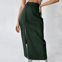 Load image into Gallery viewer, 2022 French Fashion Sexy High Waist Green PU Slit Midi Skirt for Women Streetwear Summer Short Skirts Slim Casual Locomotive Hot