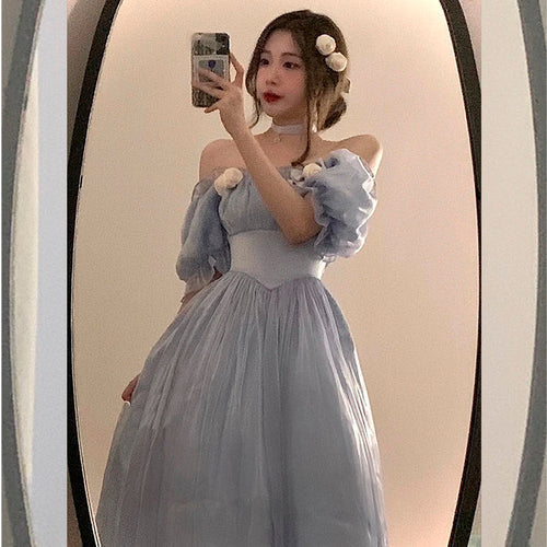 2022 French retro dress autumn and winter blue pure desire mid-length dress party palace style princess dress