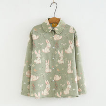 Load image into Gallery viewer, 2022 Girl Style Kawaii Rabbit Tops Women Single Breasted Sweet Vintage Green Blouses Japanese Loose Printed Cute Shirts Spring