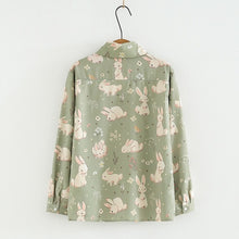 Load image into Gallery viewer, 2022 Girl Style Kawaii Rabbit Tops Women Single Breasted Sweet Vintage Green Blouses Japanese Loose Printed Cute Shirts Spring
