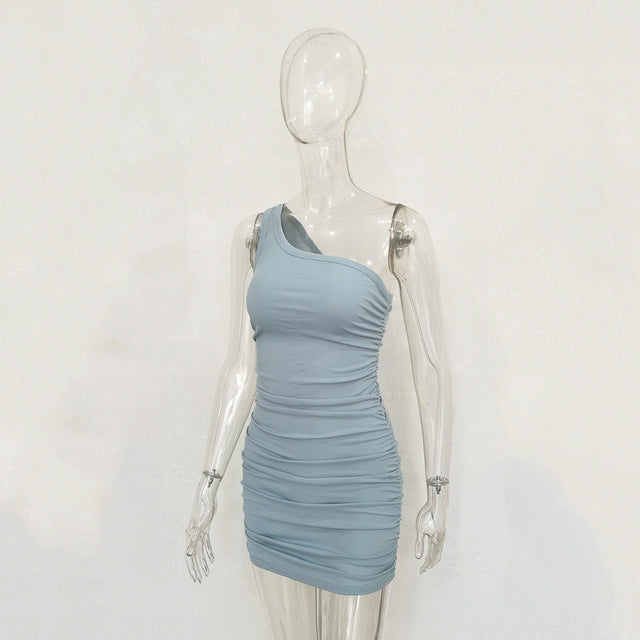 2022 Isn Style Single Shoulder Pleated Thread Dress Spring And Summer New Women's Wear Europe And America