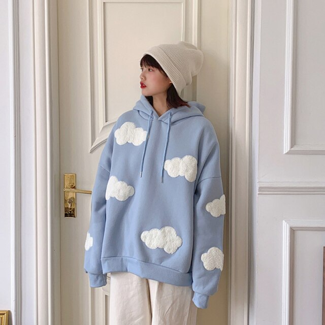 2022 Korean Sweatshirt Women Winter Fashion Clouds Pullover Women Plus Velvet Warm Anime Hoodies Tops Casual Hoodies Female