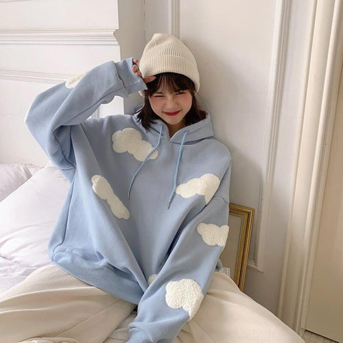 2022 Korean Sweatshirt Women Winter Fashion Clouds Pullover Women Plus Velvet Warm Anime Hoodies Tops Casual Hoodies Female