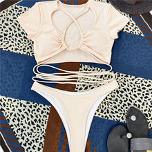 Load image into Gallery viewer, 2022 Ladies Split Swimsuit Sexy Lace-up Short Sleeve Bikini Sexy Bikini Micro High Waisted Plus Size Swimwear Brazilian Designer