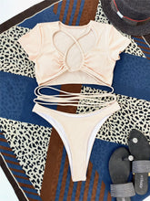 Load image into Gallery viewer, 2022 Ladies Split Swimsuit Sexy Lace-up Short Sleeve Bikini Sexy Bikini Micro High Waisted Plus Size Swimwear Brazilian Designer