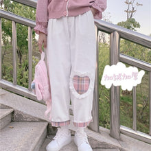 Load image into Gallery viewer, 2022 New Cute Heart Corduroy Pants Kawaii Spring Japanese Mori Girl Straight Trousers White Casual Loose Fleece Pantalones