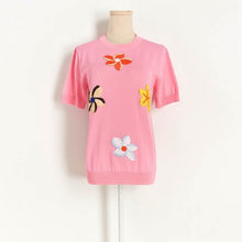 Load image into Gallery viewer, 2022 New Fashion Flower Short Sleeve Tops Slim Stretchy T-shirts Feminino Simple O-neck Appliques Knitted Pullover Summer
