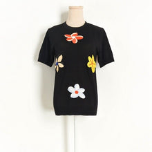 Load image into Gallery viewer, 2022 New Fashion Flower Short Sleeve Tops Slim Stretchy T-shirts Feminino Simple O-neck Appliques Knitted Pullover Summer