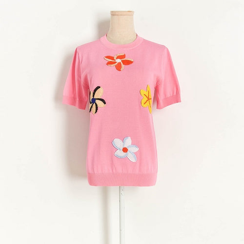 2022 New Fashion Flower Short Sleeve Tops Slim Stretchy T-shirts Feminino Simple O-neck Appliques Knitted Pullover Summer