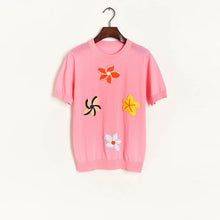 Load image into Gallery viewer, 2022 New Fashion Flower Short Sleeve Tops Slim Stretchy T-shirts Feminino Simple O-neck Appliques Knitted Pullover Summer