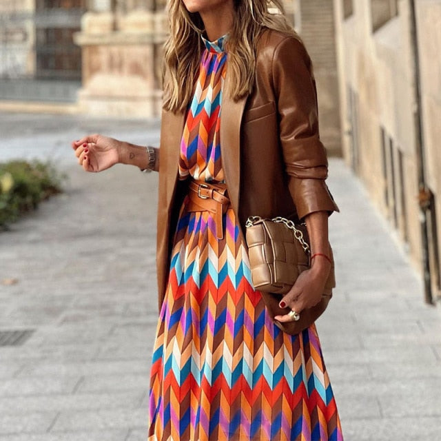 2022 New High Quality Spring High Neck 3/4 Sleeves Vintage Print Long Dress Women Fashion Dresses Bohemian Pattern Vestidos Robe