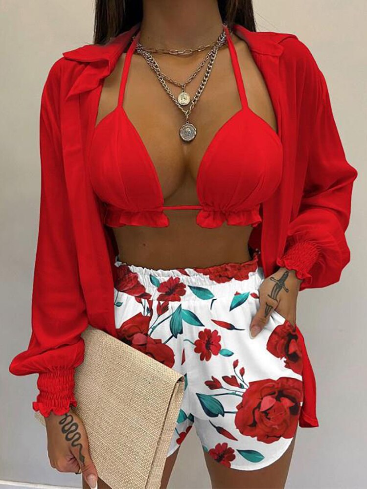 2022 New Red Print High Waist Bikini Sets Swimsuit Women Sexy Lace Up Three Pieces Swimwear Beachwear For Bathing Suit