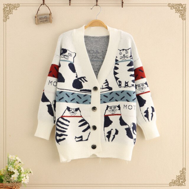 2022 New Single Breasted Kawaii Sweater Cat Cartoon Cute Cardigans Spring Woman V-neck Simple Casual Loose Knitted Tops