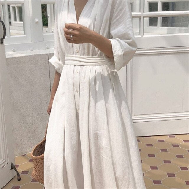 2022 New Spring Autumn Casual Women White Cotton Dresses Solid Color A-LINE V-Neck Mid-Calf Office Lady Elegant Dress One Piece