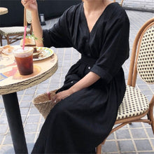 Load image into Gallery viewer, 2022 New Spring Autumn Casual Women White Cotton Dresses Solid Color A-LINE V-Neck Mid-Calf Office Lady Elegant Dress One Piece